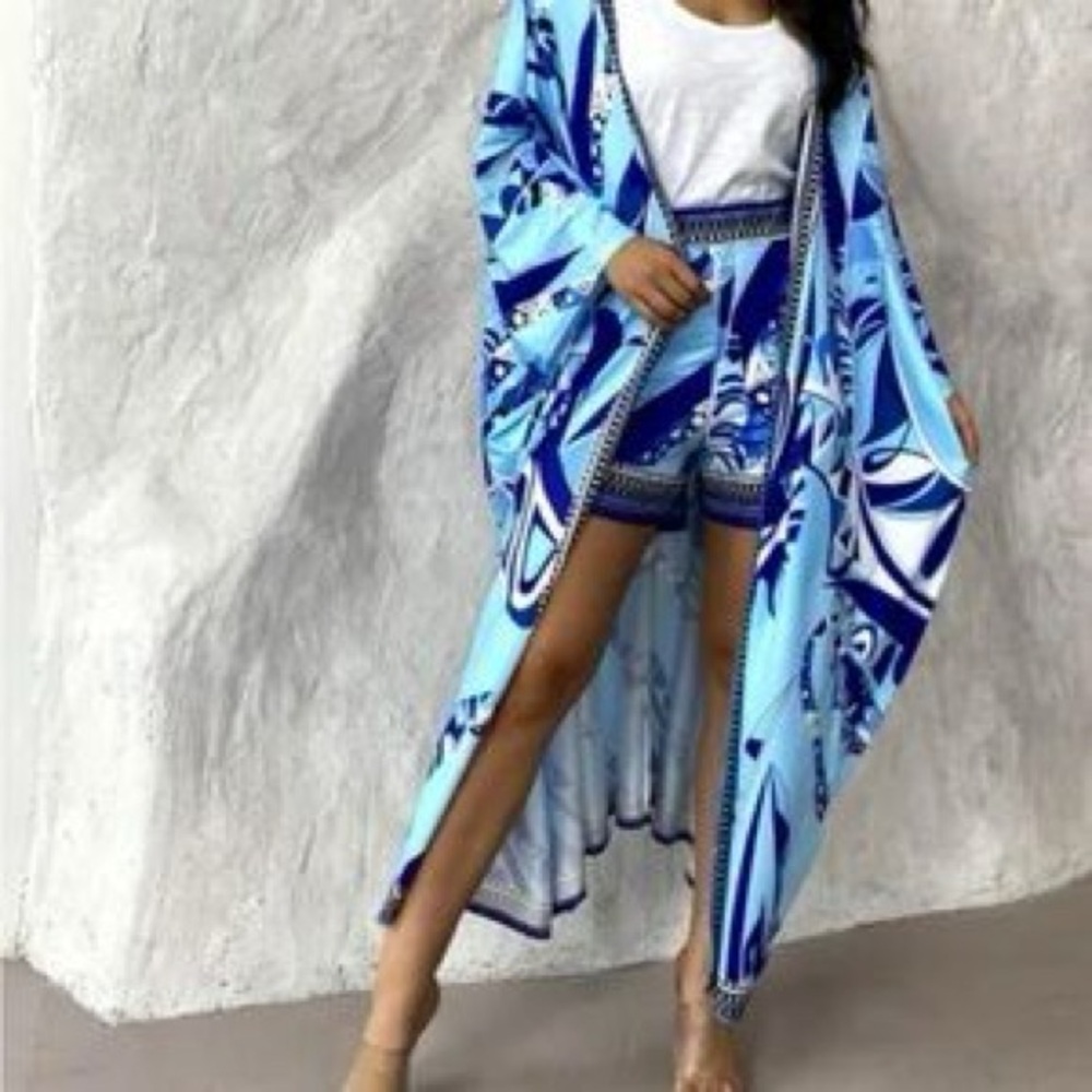Blue Patterned Kimono and Shorts Set